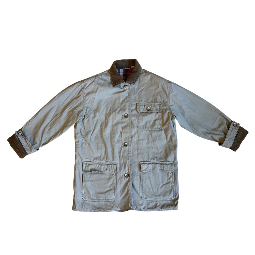 Women's Tan Khaki Barn Jacket Plaid Lined Corduroy Trim Chore Coat M 100% Cotton